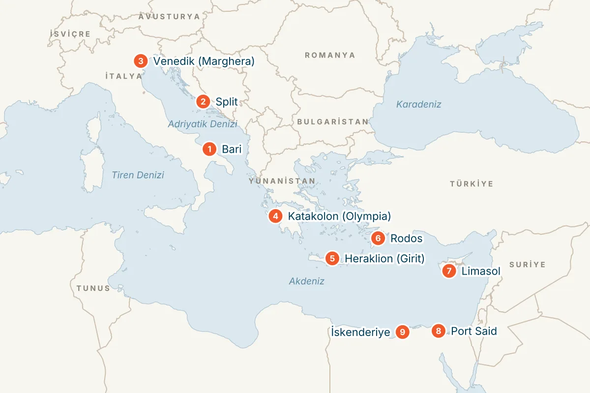 MSC Lirica ile Bari Kalkışlı 13 Gece Doğu Akdeniz Gemi Turu (Sadece Gemi) rota haritası