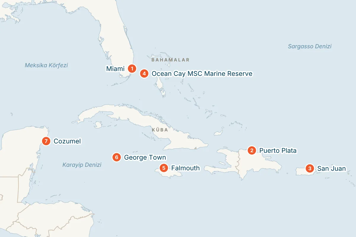 MSC Seaside ile Miami Kalkışlı 14 Gece Doğu Karayipler Gemi Turu (Sadece Gemi) rota haritası