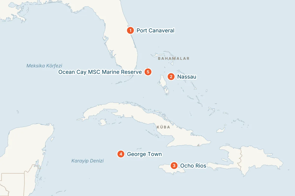 MSC Seashore ile Port Canaveral Kalkışlı 11 Gece Batı Karayipler Gemi Turu (Sadece Gemi) rota haritası