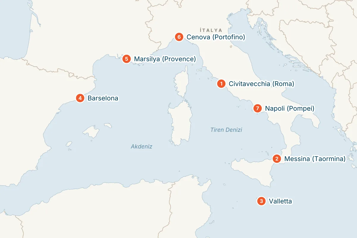 MSC World Asia ile Civitavecchia Kalkışlı 7 Gece Batı Akdeniz Gemi Turu (Sadece Gemi) rota haritası