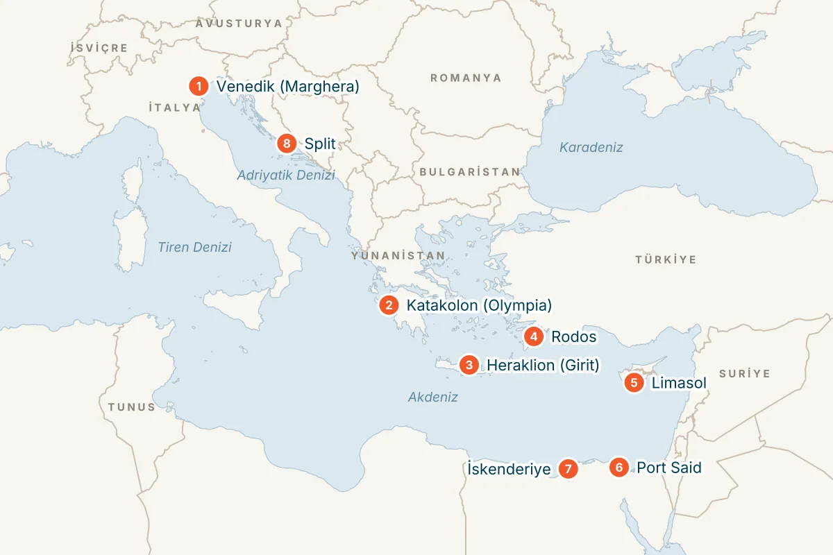 MSC Lirica ile Venedik Kalkışlı 11 Gece Doğu Akdeniz Gemi Turu (Sadece Gemi) rota haritası