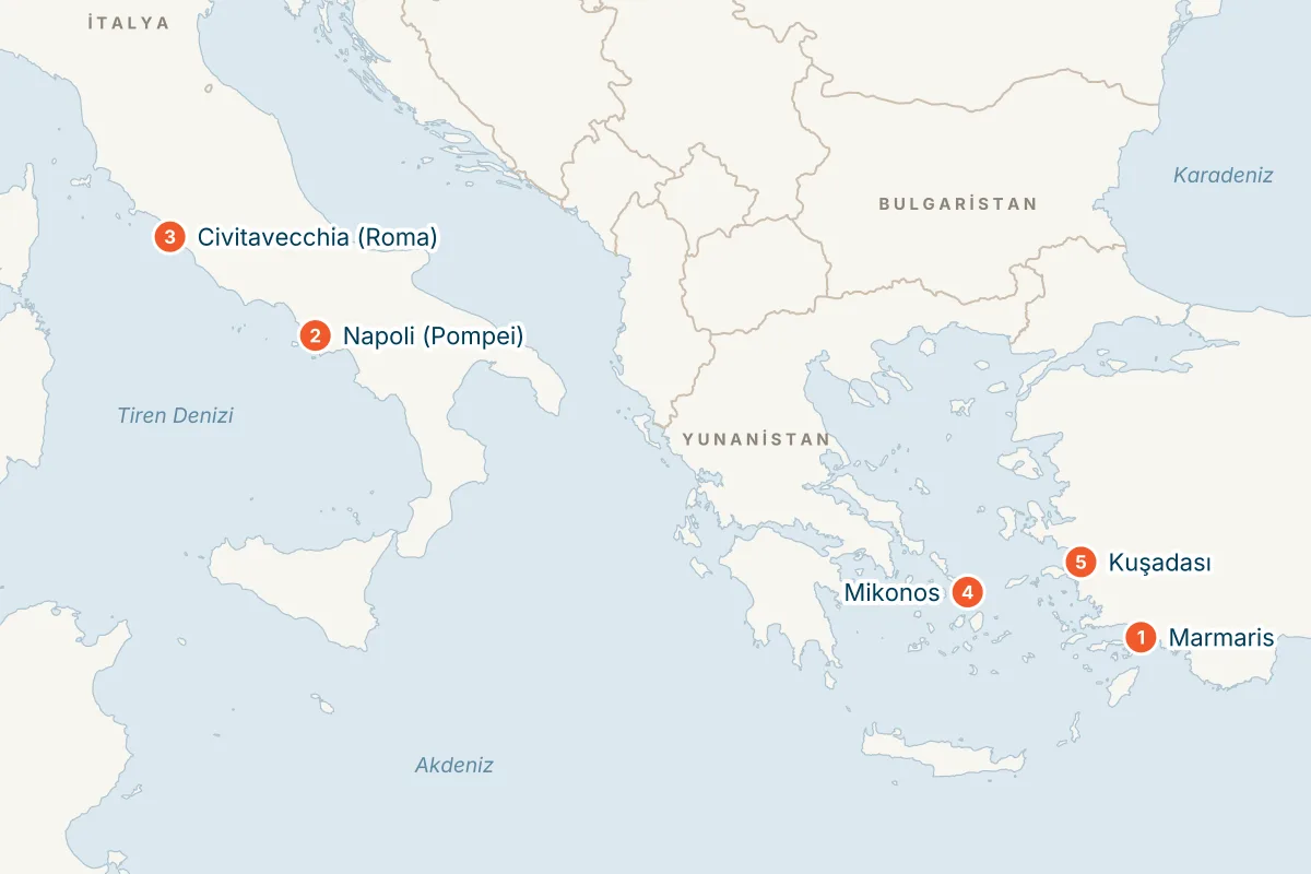 MSC Divina ile Marmaris Kalkışlı 7 Gece İtalya, Mikonos ve Kuşadası Gemi Turu rota haritası