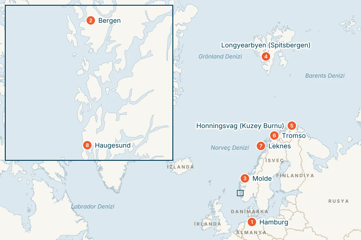 MSC Preziosa ile Hamburg Kalkışlı 14 Gece Norveç Fiyortları Gemi Turu (Sadece Gemi) rota haritası