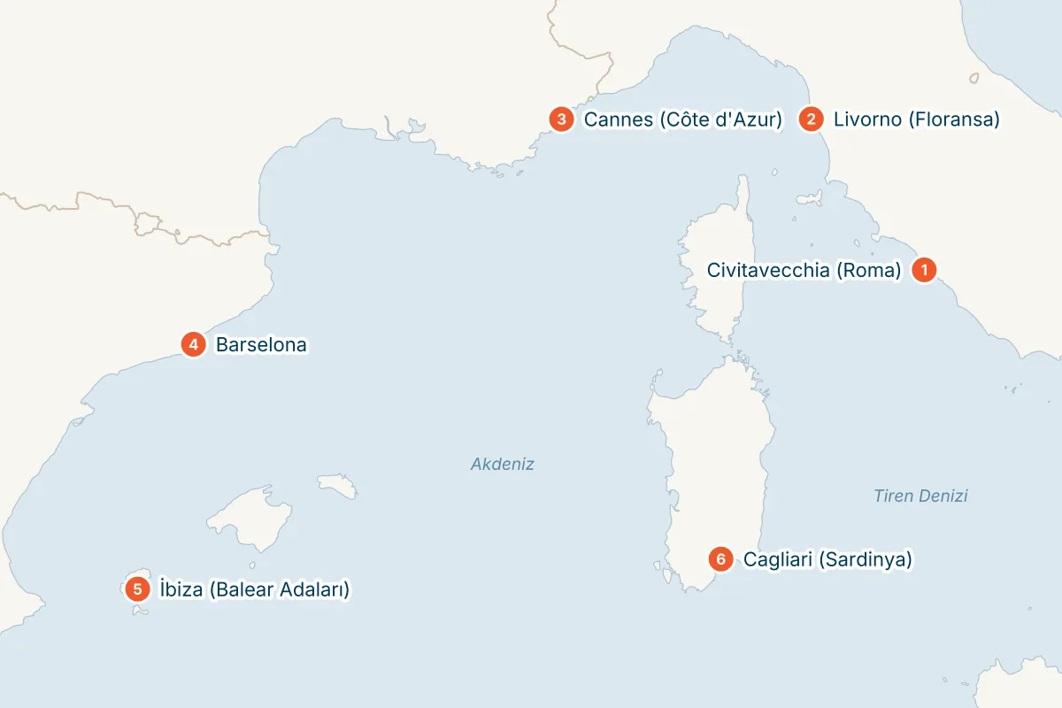 MSC Fantasia ile Civitavecchia Kalkışlı 7 Gece Batı Akdeniz Gemi Turu (Sadece Gemi) rota haritası