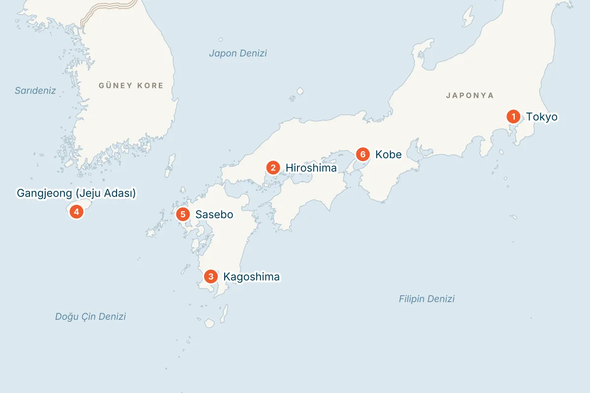 MSC Bellissima ile Tokyo Kalkışlı 10 Gece Japonya ve Kore Gemi Turu (Sadece Gemi) rota haritası