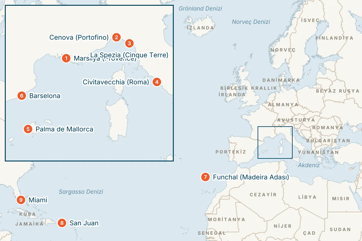MSC Grandiosa ile Marsilya Kalkışlı 19 Gece Transatlantik Gemi Turu (Sadece Gemi) rota haritası
