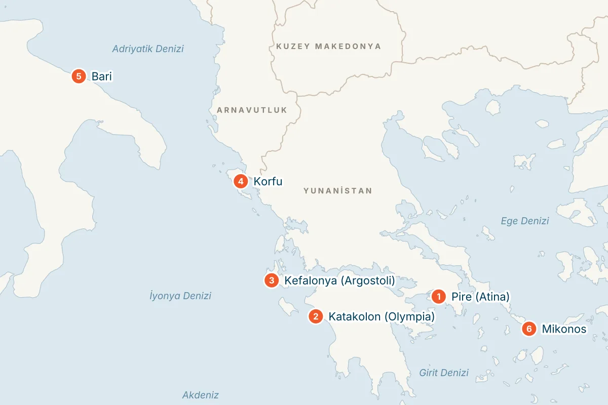 MSC Orchestra ile Pire Kalkışlı 7 Gece Doğu Akdeniz Gemi Turu (Sadece Gemi) rota haritası