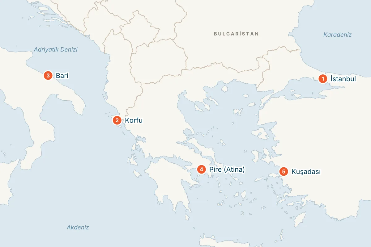MSC Orchestra ile İstanbul Kalkışlı Ege ve Adriyatik Gemi Turu (Aralık–Nisan) rota haritası