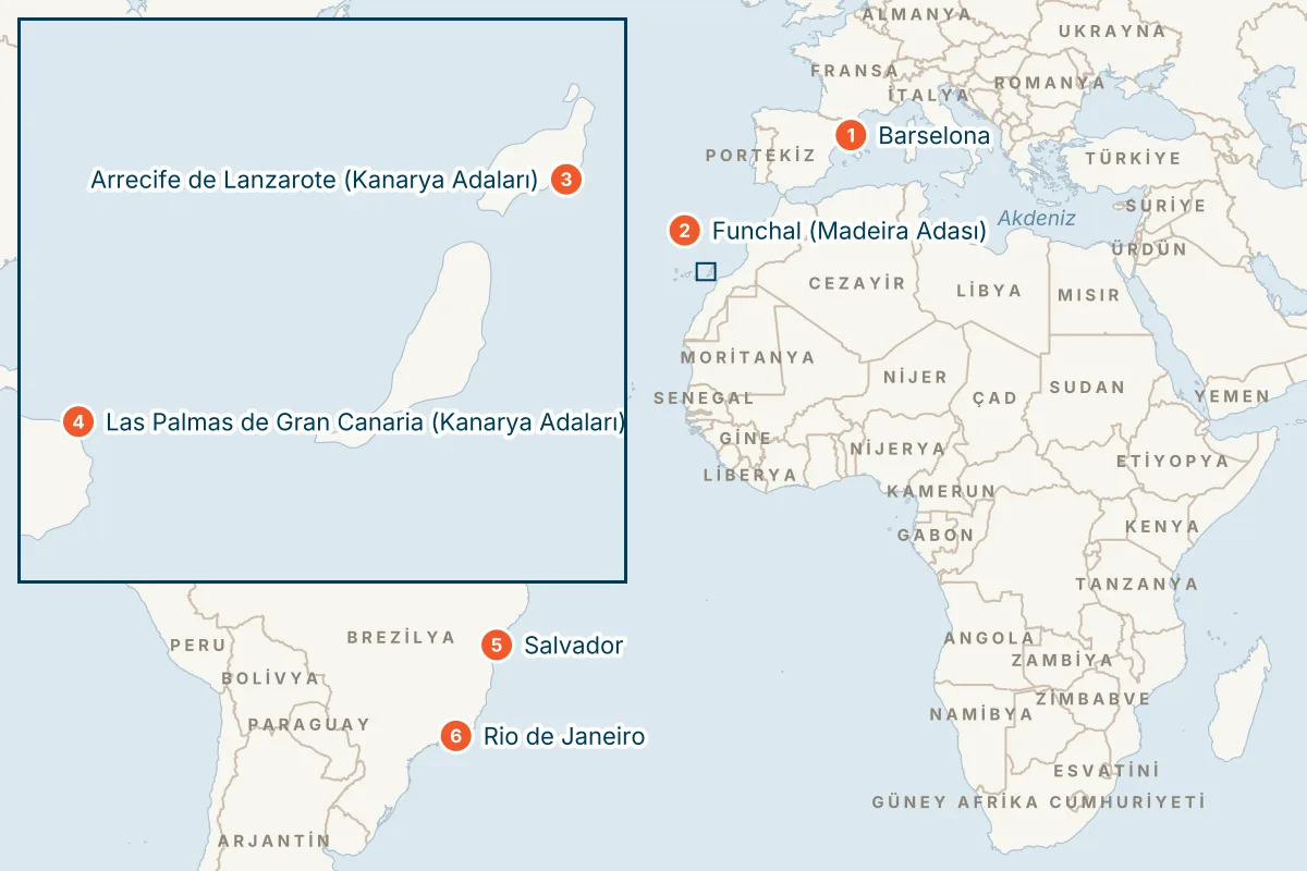 MSC Virtuosa ile Barselona Kalkışlı 15 Gece Güney Amerika Gemi Turu (Sadece Gemi) rota haritası