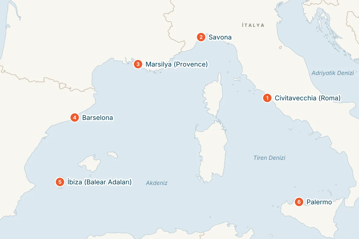 Costa Toscana ile Balear Adaları & Batı Akdeniz - 8 Gece - THY rota haritası
