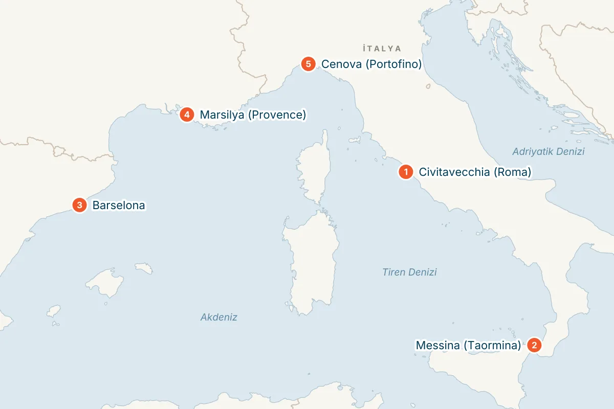 MSC World Europa ile Civitavecchia Kalkışlı 5 Gece Batı Akdeniz Gemi Turu (Sadece Gemi) rota haritası