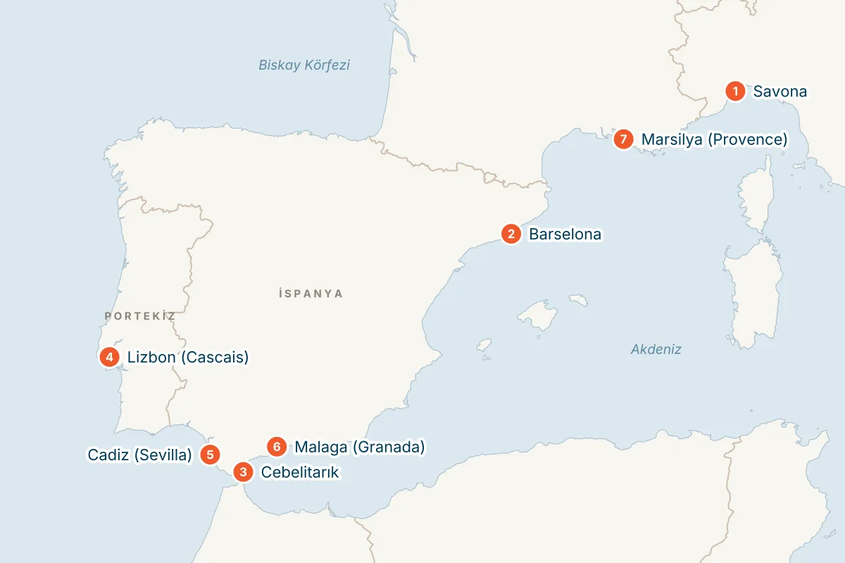 Costa Fascinosa ile Lizbon'lu Batı Akdeniz - 10 Gece rota haritası