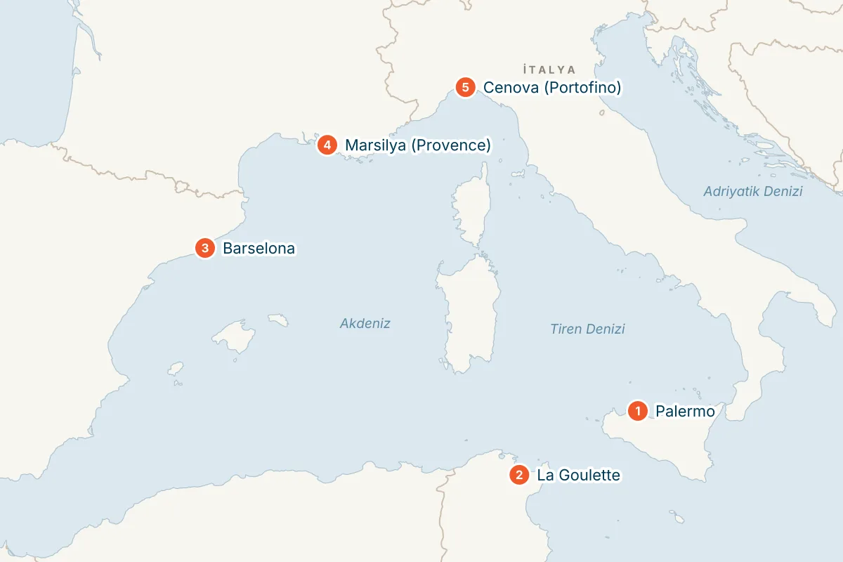 MSC Euribia ile Palermo Kalkışlı 5 Gece Batı Akdeniz Gemi Turu (Sadece Gemi) rota haritası
