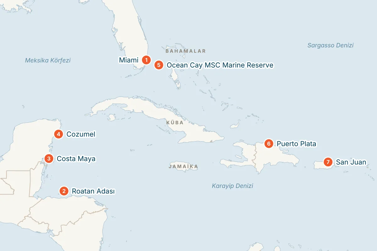 MSC World America ile Miami Kalkışlı 14 Gece Batı Karayipler Gemi Turu (Sadece Gemi) rota haritası