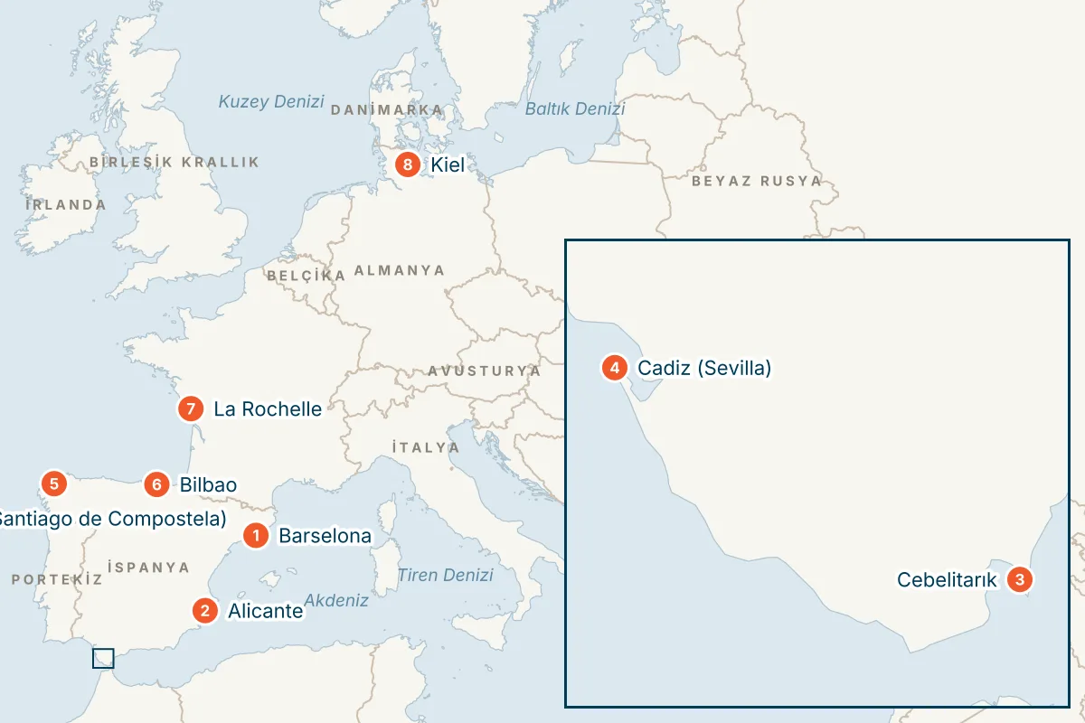 MSC Euribia ile Barselona Kalkışlı 10 Gece Akdeniz ve Kuzey Avrupa Gemi Turu (Sadece Gemi) rota haritası