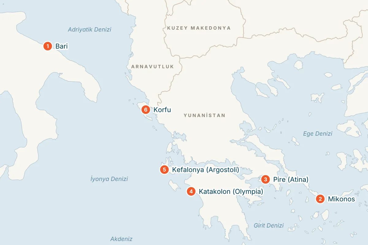 MSC Orchestra ile Bari Kalkışlı 7 Gece Doğu Akdeniz Gemi Turu (Sadece Gemi) rota haritası