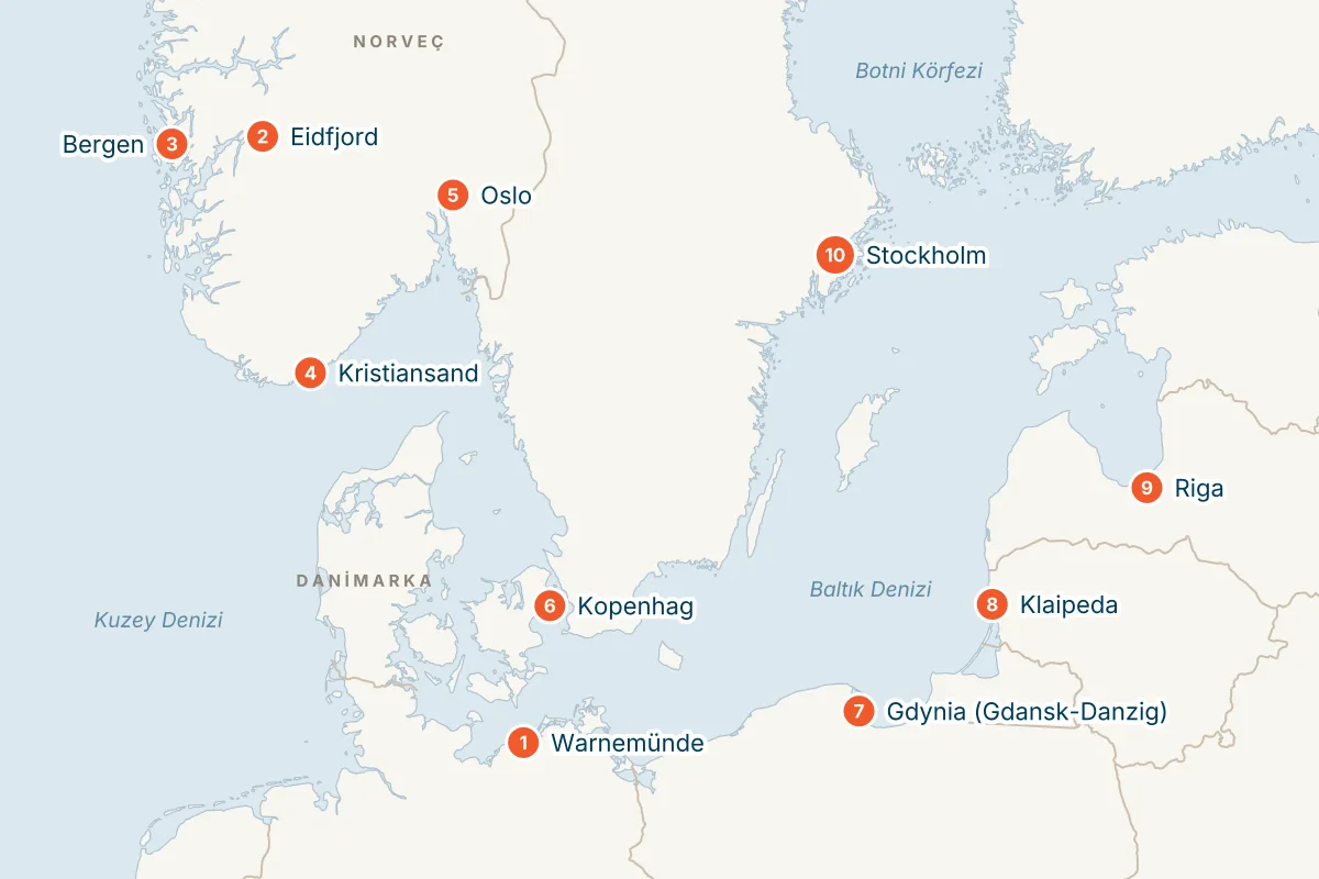 MSC Magnifica ile Warnemünde Kalkışlı 14 Gece Norveç Fiyortları Gemi Turu (Sadece Gemi) rota haritası