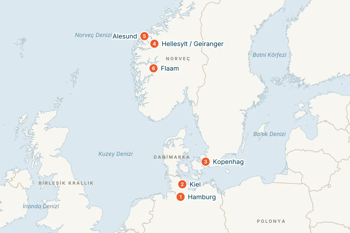 MSC Euribia ile Norveç Fiyortları - 8 Gece - THY - 1 Gece Hamburg Otel Konaklamalı rota haritası