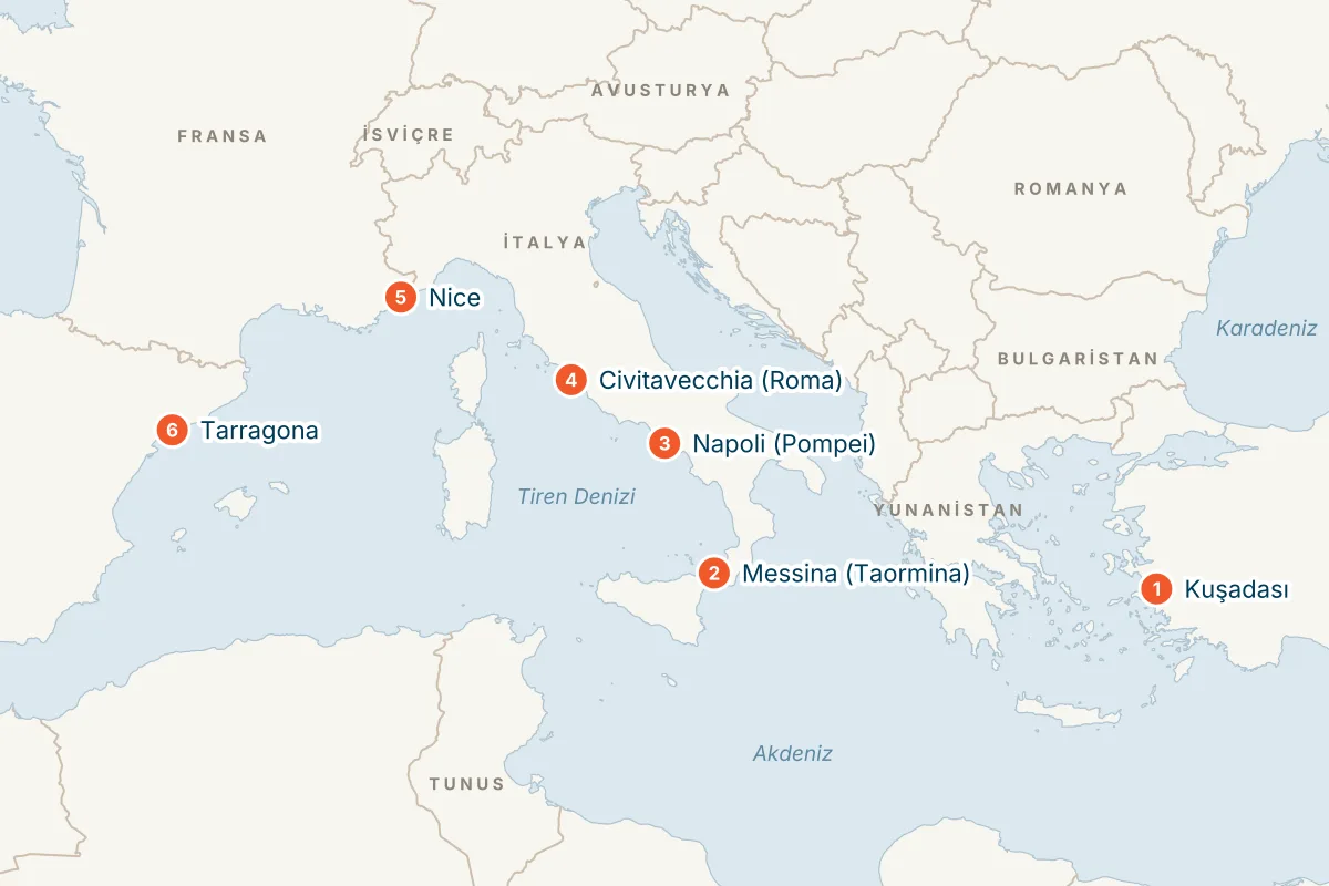 Celestyal Discovery ile Kuşadası hareketli Sicilyalı Batı Akdeniz - 7 Gece - Pegasus rota haritası