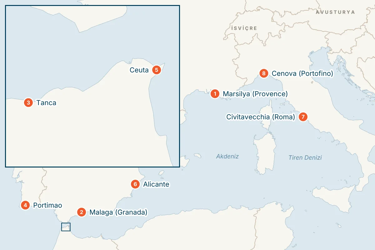 MSC Sinfonia ile Marsilya Kalkışlı 10 Gece Batı Akdeniz Gemi Turu (Sadece Gemi) rota haritası