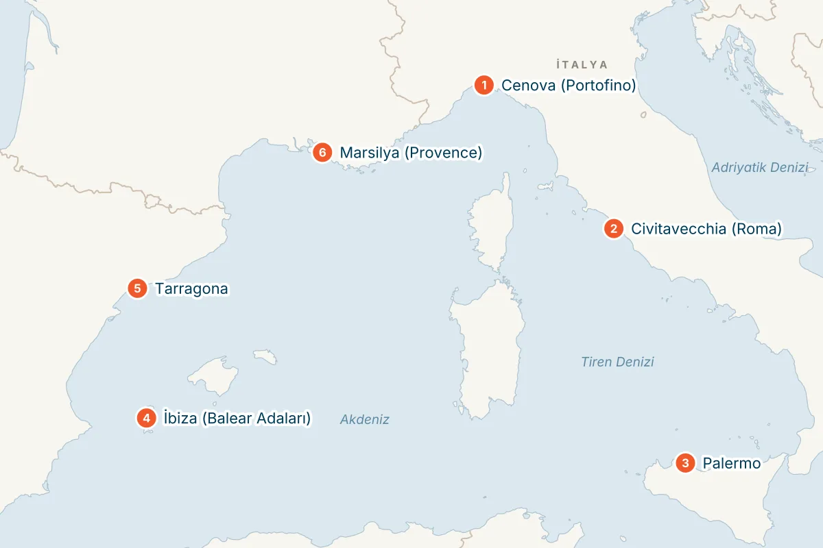 MSC Seaview ile Cenova Kalkışlı 7 Gece Batı Akdeniz Gemi Turu (Sadece Gemi) rota haritası