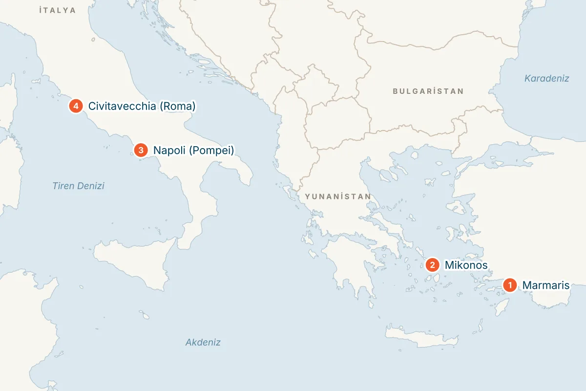 MSC Divina ile Marmaris Kalkışlı 7 Gece İtalya ve Mikonos Gemi Turu rota haritası