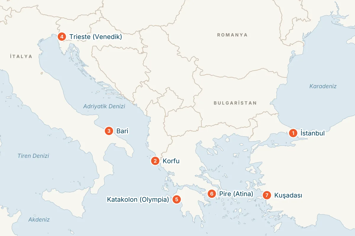 MSC Fantasia ile İstanbul Kalkışlı Ege ve Adriyatik Gemi Turu rota haritası