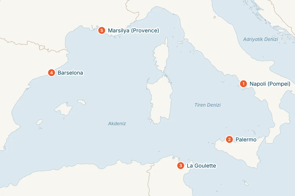 MSC Euribia ile Napoli Kalkışlı 5 Gece Batı Akdeniz Gemi Turu (Sadece Gemi) rota haritası