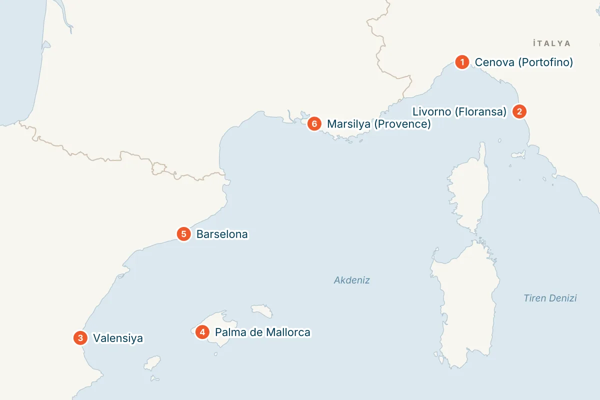 MSC Sinfonia ile Cenova Kalkışlı 7 Gece Batı Akdeniz Gemi Turu (Sadece Gemi) rota haritası