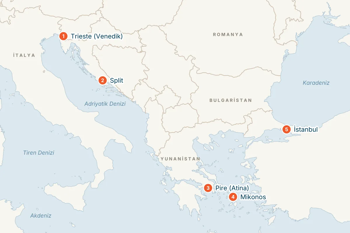 MSC Splendida ile Trieste Kalkışlı 5 Gece Doğu Akdeniz Gemi Turu (Sadece Gemi) rota haritası