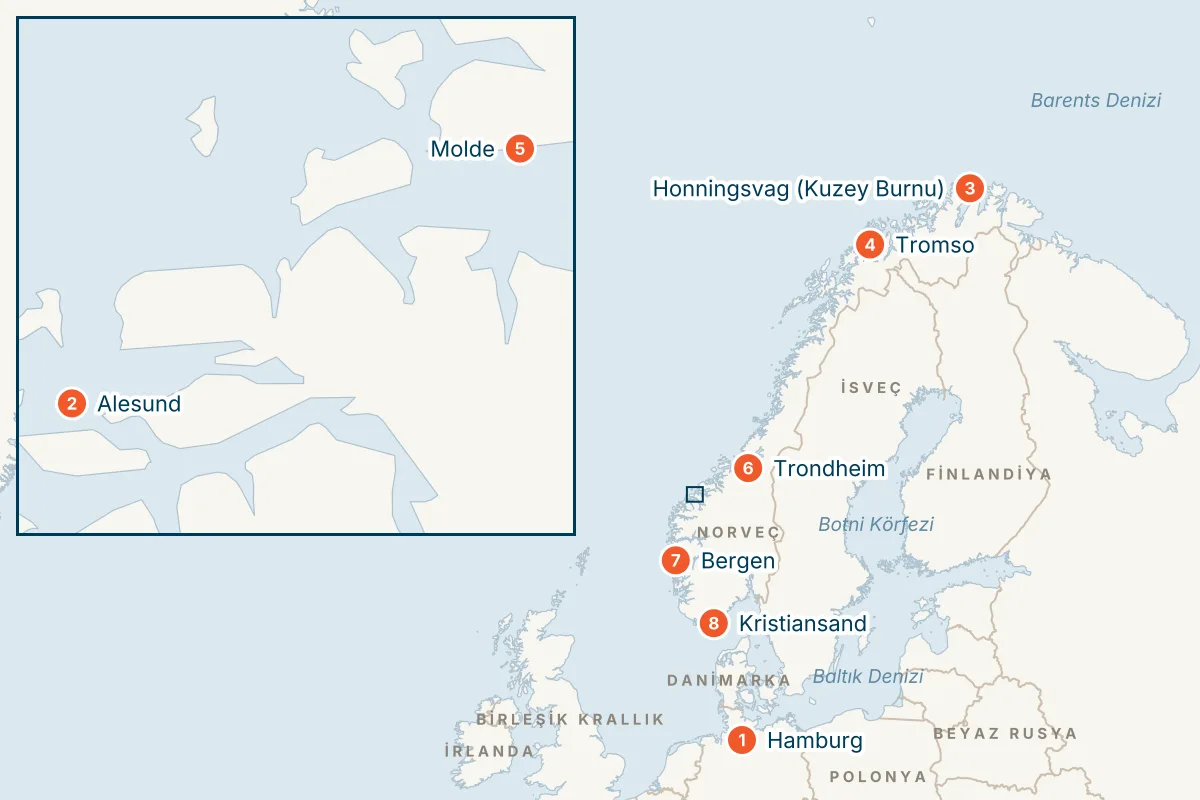 MSC Preziosa ile Hamburg Kalkışlı 12 Gece Norveç Fiyortları Gemi Turu (Sadece Gemi) rota haritası