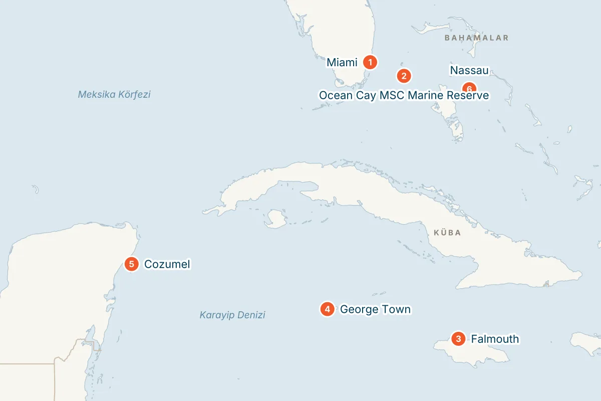MSC Seaside ile Miami Kalkışlı 11 Gece Batı Karayipler Gemi Turu (Sadece Gemi) rota haritası