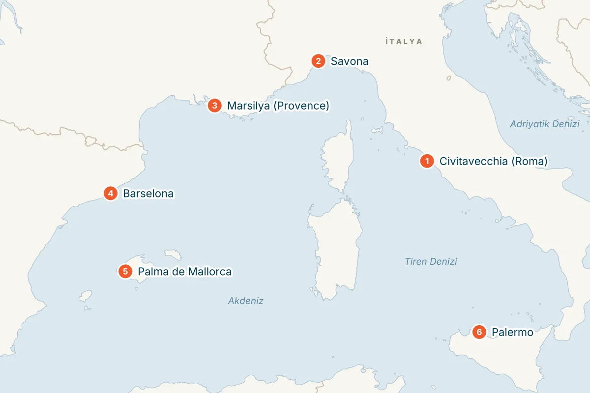 Costa Toscana ile Balear Adaları & Batı Akdeniz - 7 Gece - THY - Civitavecchia Kalkışlı rota haritası