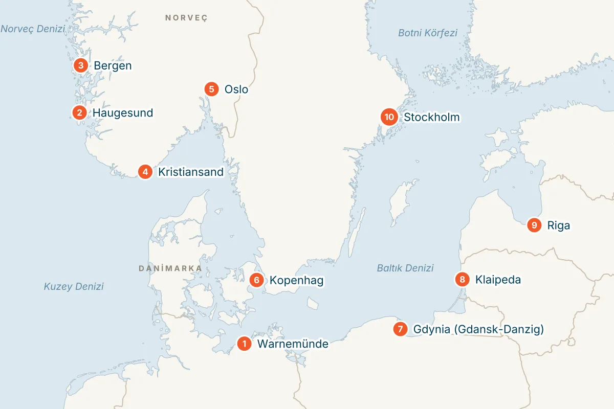 MSC Magnifica ile Warnemünde Kalkışlı 14 Gece Norveç Fiyortları Gemi Turu (Sadece Gemi) rota haritası