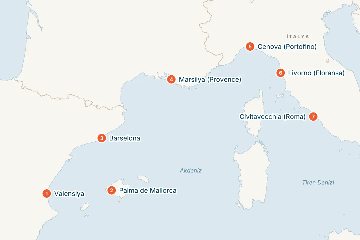 MSC Sinfonia ile Valensiya Kalkışlı 8 Gece Batı Akdeniz Gemi Turu (Sadece Gemi) rota haritası