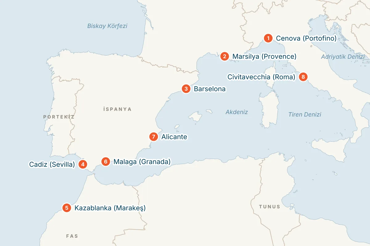 MSC Magnifica ile Cenova Kalkışlı 10 Gece Batı Akdeniz Gemi Turu (Sadece Gemi) rota haritası