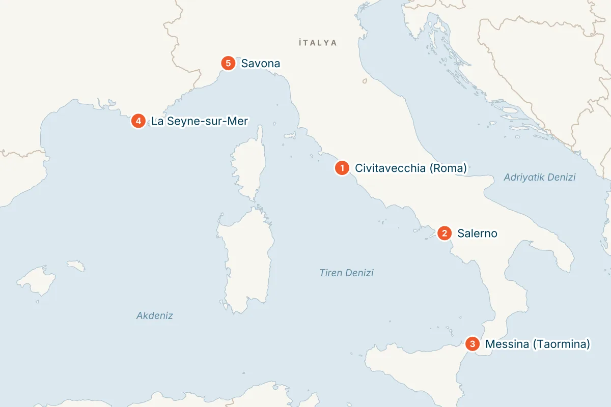 Costa Fascinosa ile Amalfi Sahilleri & Batı Akdeniz - 6 Gece - Pegasus rota haritası