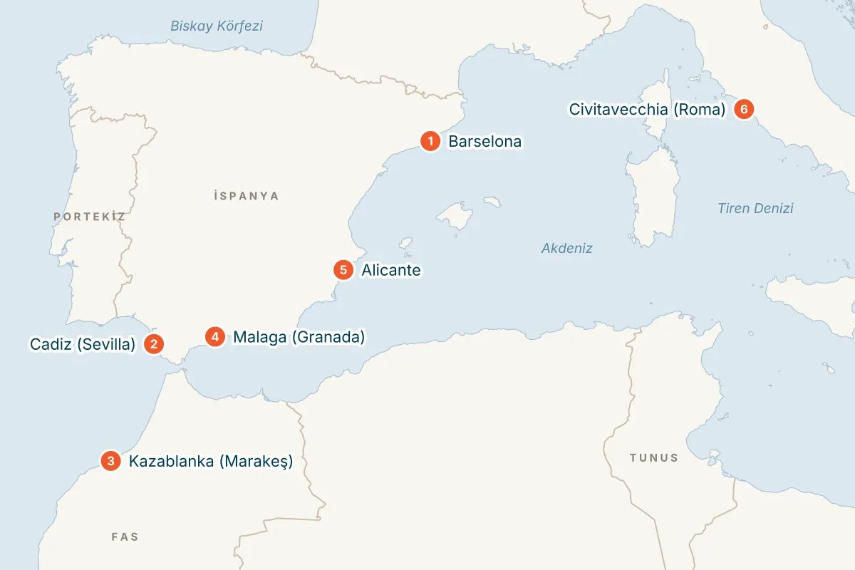MSC Magnifica ile Faslı Batı Akdeniz & Endülüs - 7 Gece - THY rota haritası