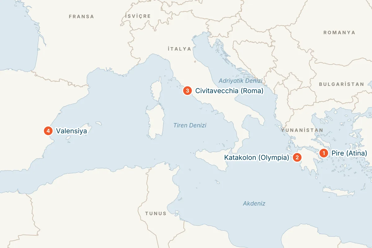 MSC Sinfonia ile Pire Kalkışlı 5 Gece Akdeniz Gemi Turu (Sadece Gemi) rota haritası
