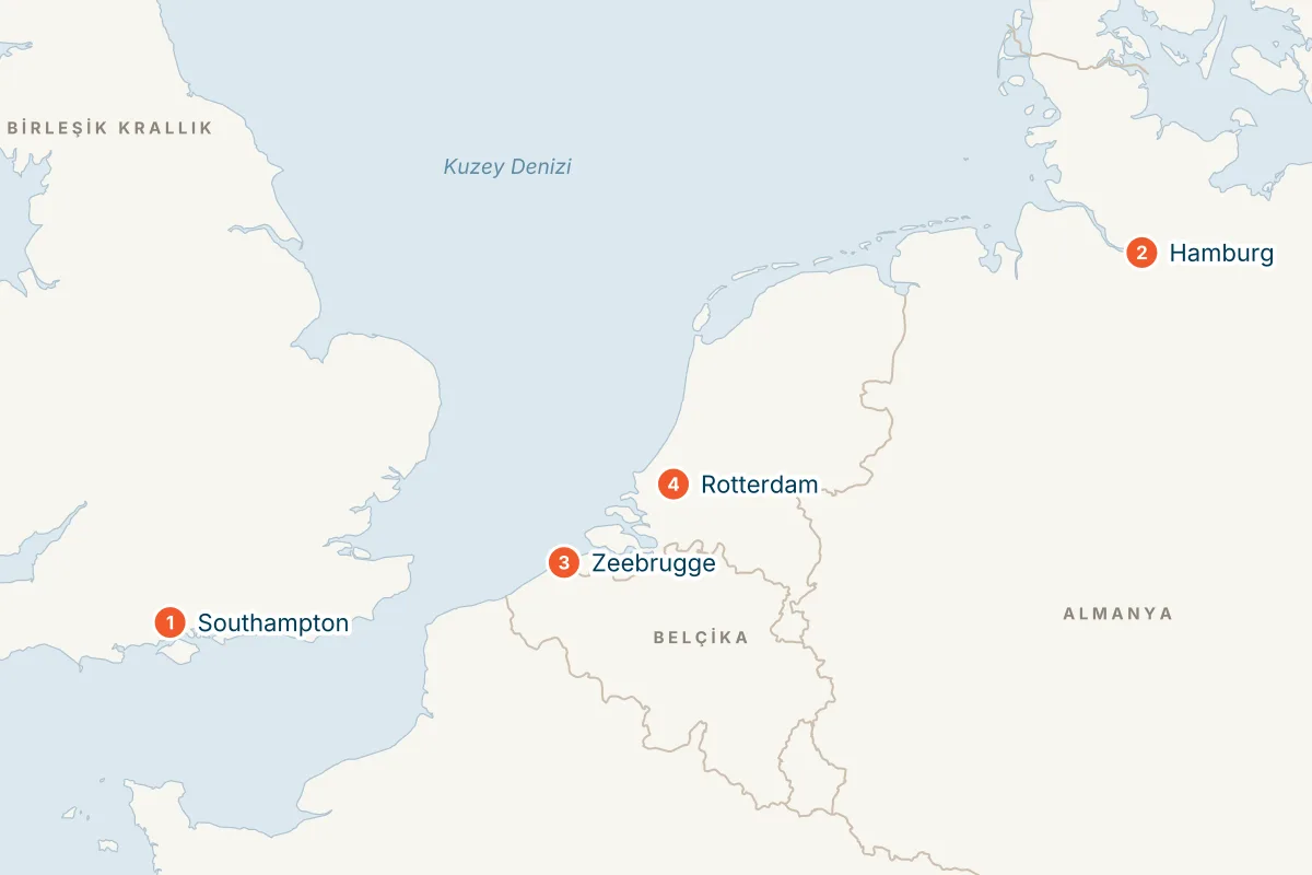 MSC Preziosa ile Southampton Kalkışlı 6 Gece Kuzey Avrupa Gemi Turu (Sadece Gemi) rota haritası