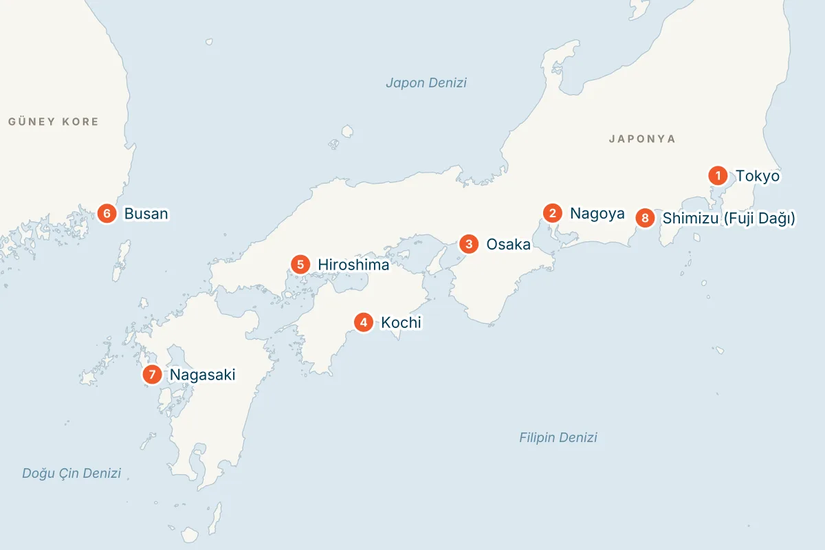 Sapphire Princess ile Japonya & Güney Kore Turu rota haritası