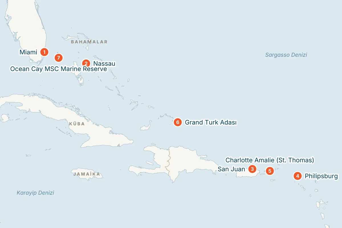 MSC Meraviglia ile Miami Kalkışlı 14 Gece Doğu Karayipler Gemi Turu (Sadece Gemi) rota haritası