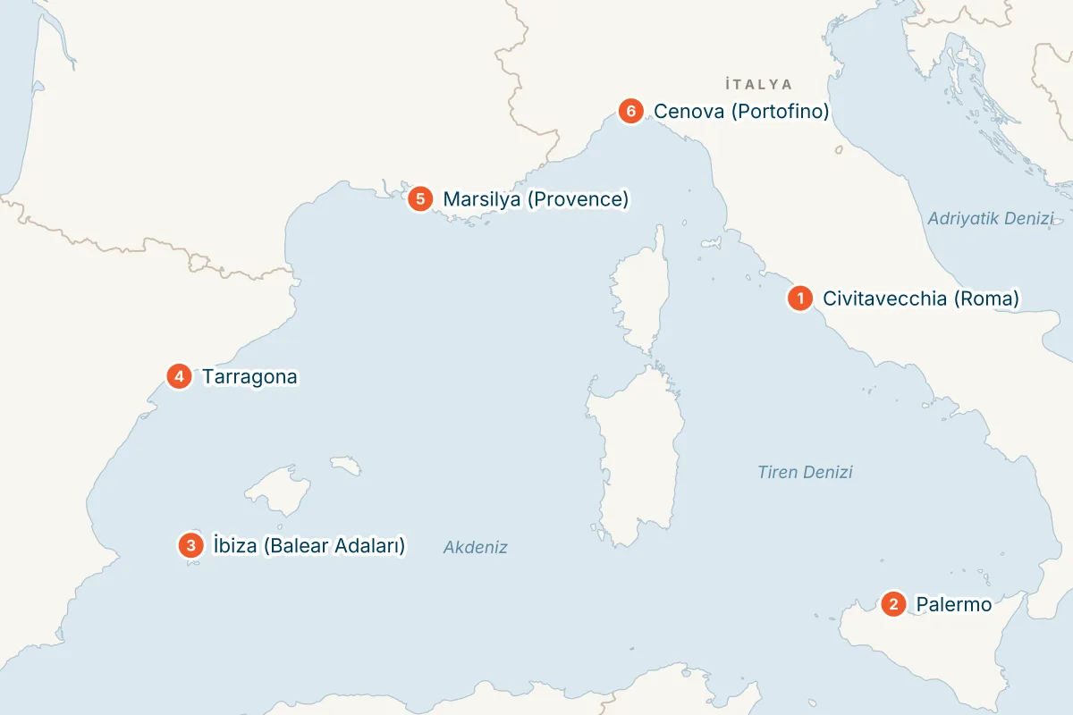 MSC Seaview ile Civitavecchia Kalkışlı 6 Gece Batı Akdeniz Gemi Turu (Sadece Gemi) rota haritası
