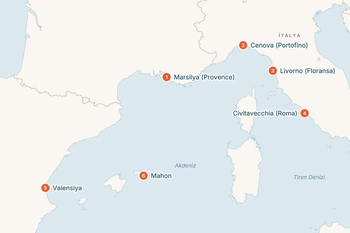 MSC Sinfonia ile Marsilya Kalkışlı 7 Gece Batı Akdeniz Gemi Turu (Sadece Gemi) rota haritası