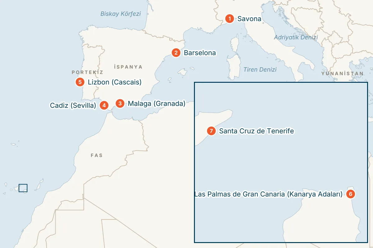 Costa Diadema ile Kanarya Adaları - 10 Gece - THY rota haritası