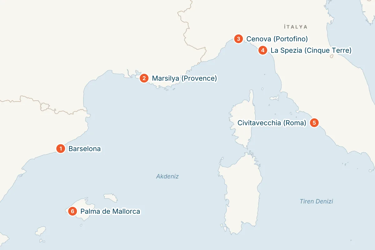 MSC World Europa ile Barselona Kalkışlı 7 Gece Batı Akdeniz Gemi Turu (Sadece Gemi) rota haritası