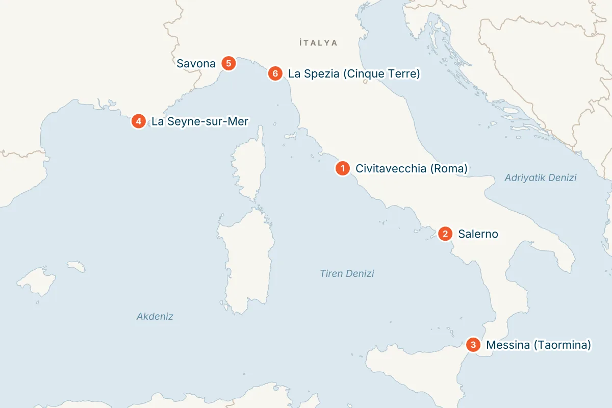 Costa Fascinosa ile Amalfi Sahilleri & Batı Akdeniz - 7 Gece - Pegasus rota haritası