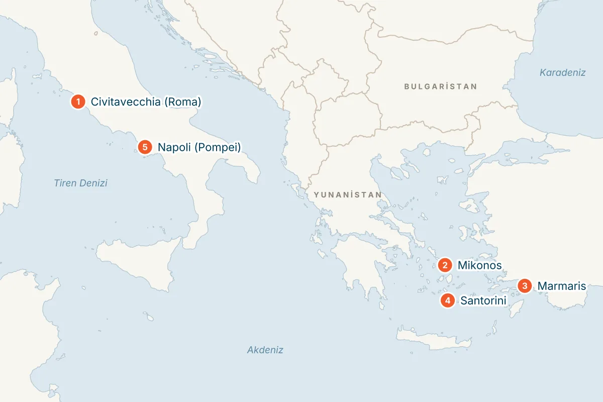 MSC Divina ile Civitavecchia Kalkışlı 7 Gece Doğu Akdeniz Gemi Turu (Sadece Gemi) rota haritası