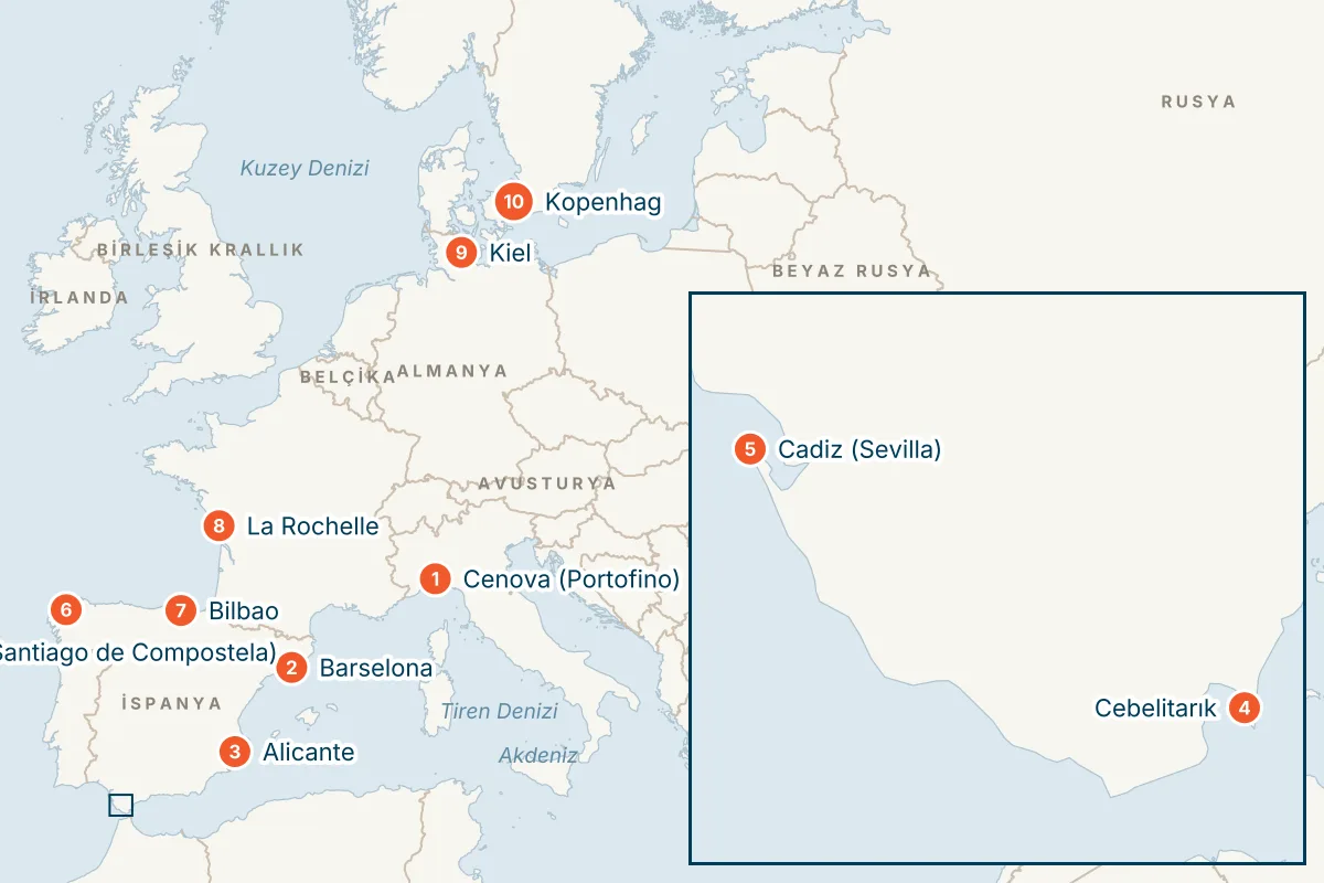 MSC Euribia ile Cenova Kalkışlı 13 Gece Akdeniz ve Kuzey Avrupa Gemi Turu (Sadece Gemi) rota haritası