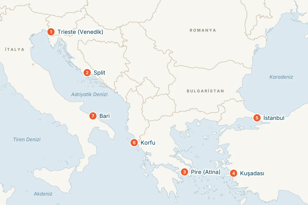 MSC Splendida ile Trieste Kalkışlı 9 Gece Doğu Akdeniz Gemi Turu (Sadece Gemi) rota haritası